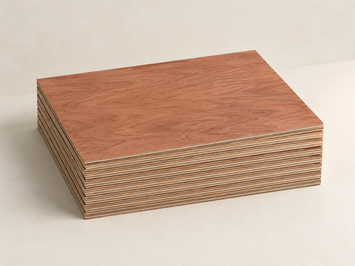 Stack of commercial plywood panels with a reddish-brown hardwood face, thin plies with fine glue lines on the edges