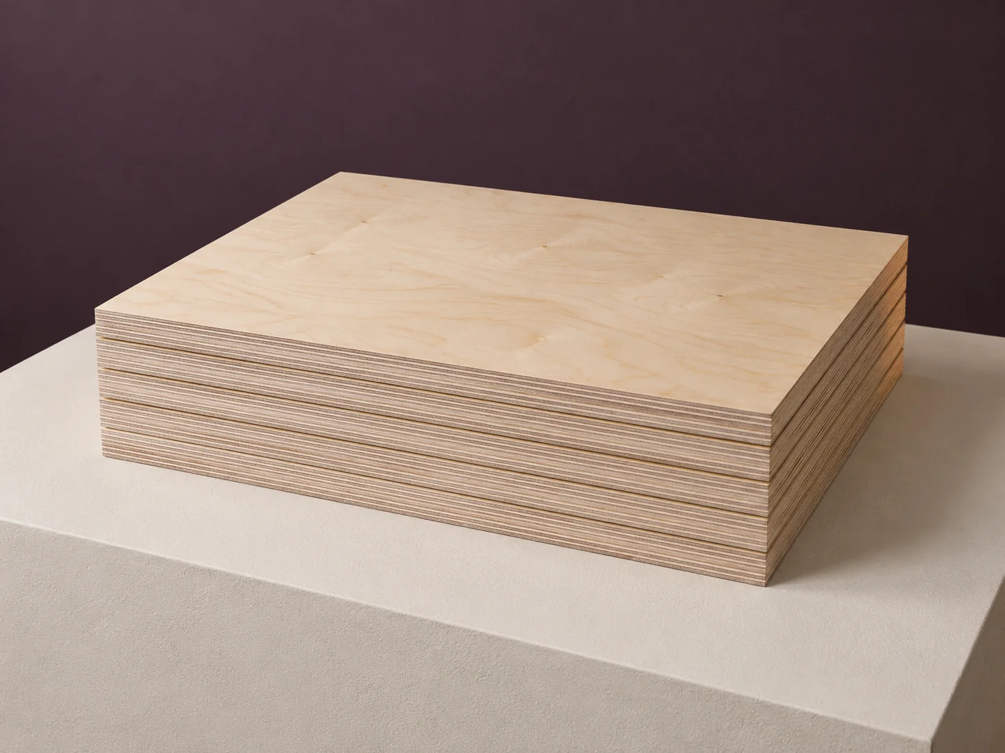 Stack of birch-faced furniture plywood panels on a plaster plinth, pale wavy face and thin plies on the edges