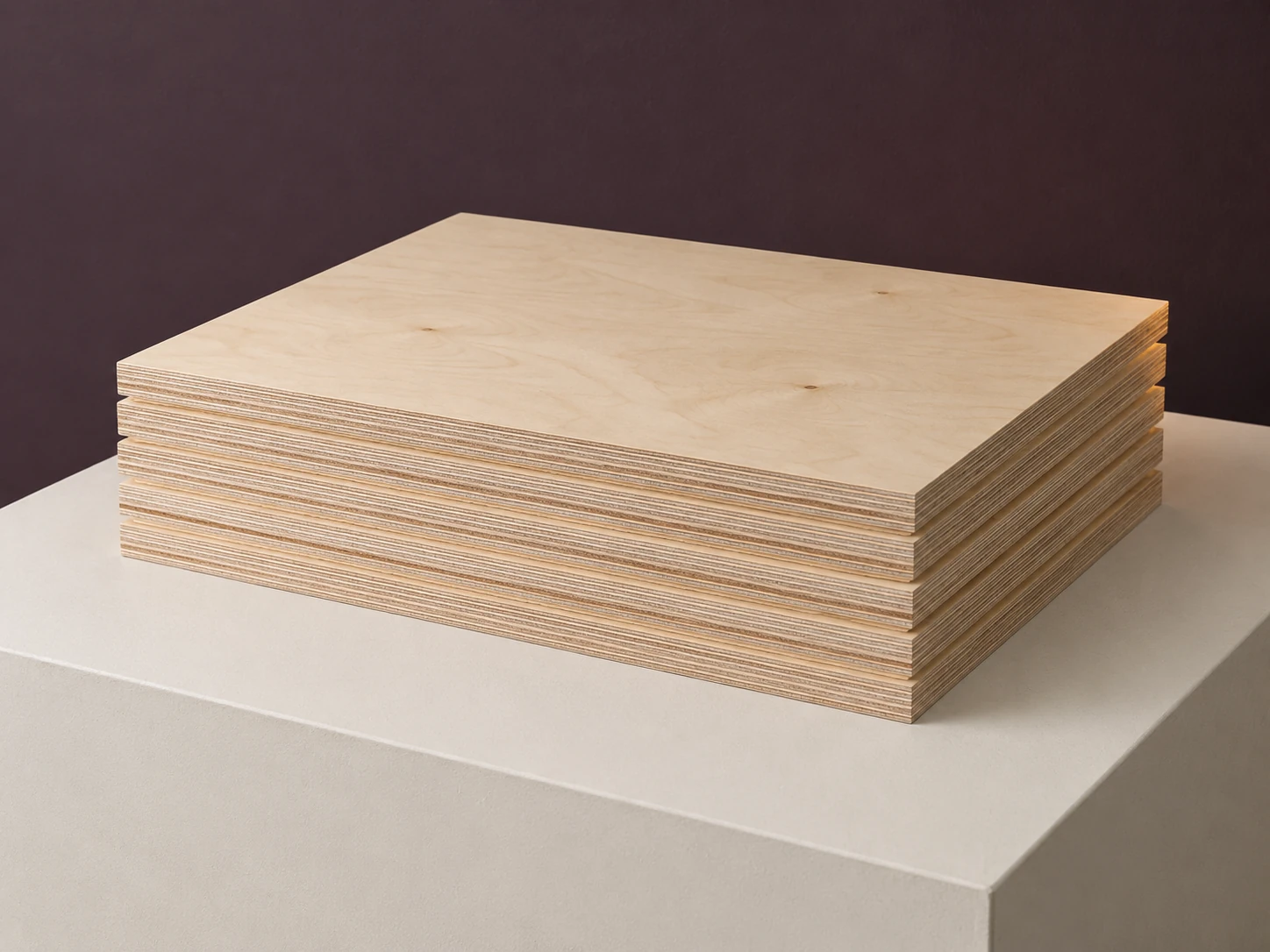 Birch-faced plywood panels stacked on a plaster plinth, pale cream face and layered edges