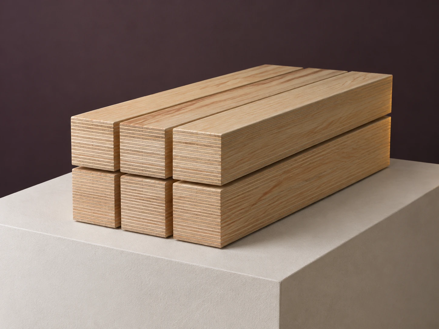 Stack of LVL laminated veneer lumber beams whose ends show many thin parallel veneer layers