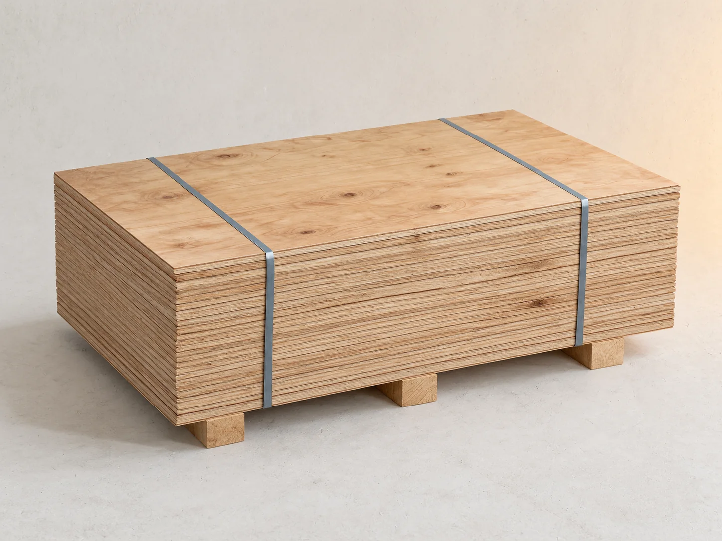 Bundle of unsanded packing plywood sheets on wooden bearers, strapped with two steel bands